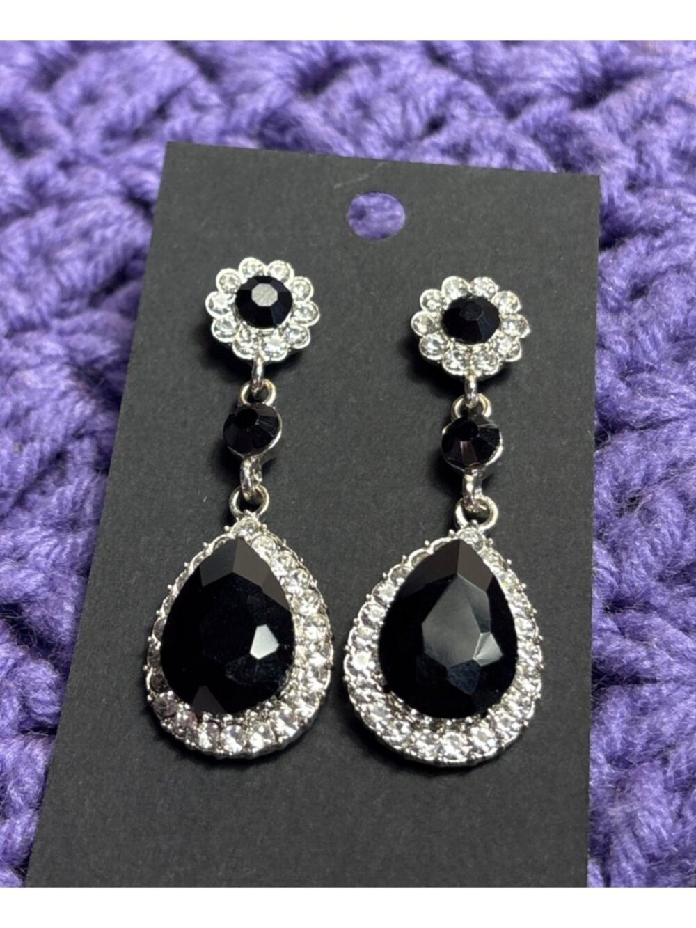 Rhinestone Flower Teardrop Statement Dangle Earrings Black Clear Halo Silvertone